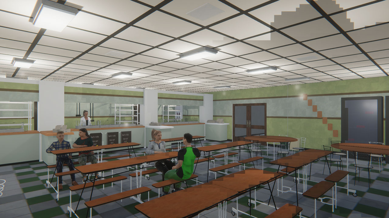 Cafeteria VOISS Screenshot A Screenshot of the VOISS App. Students are in a cafeteria setting.
